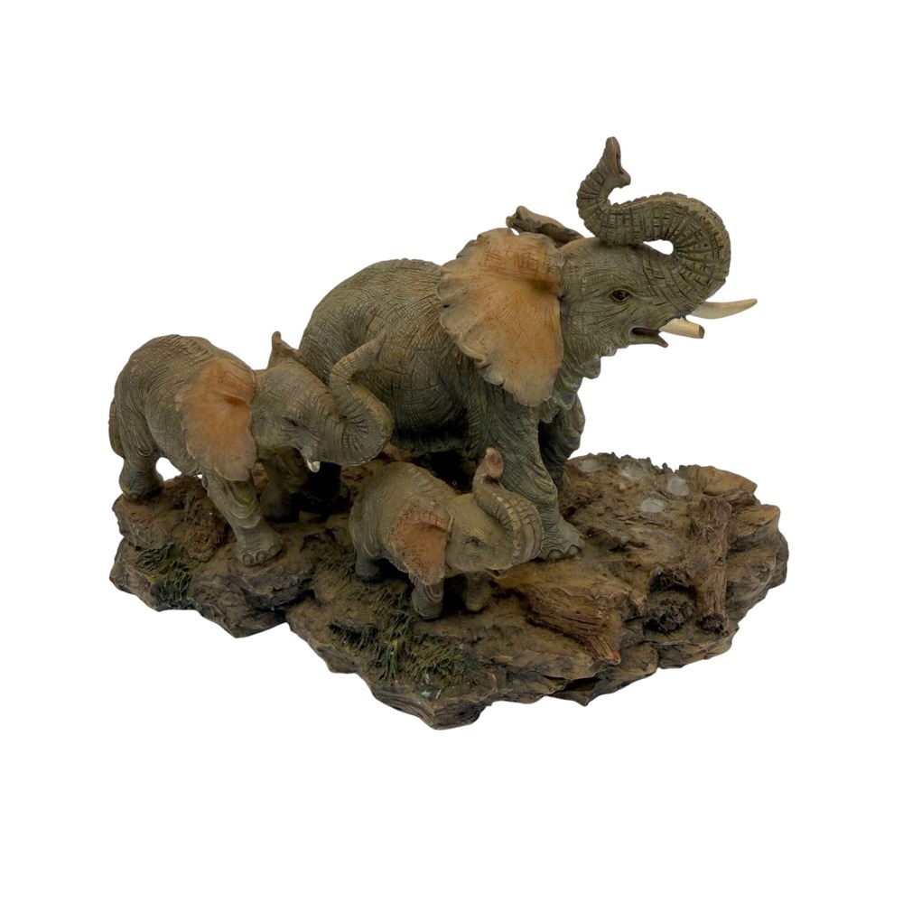 Vintage Elephant Family Figurine Trunk Up Good Luck Mother & Babies Statue Decor
